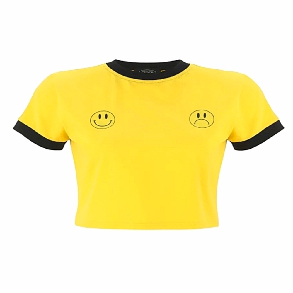 Cider Yellow Smiley Face Black Trim Ringer Crop Top T-Shirt